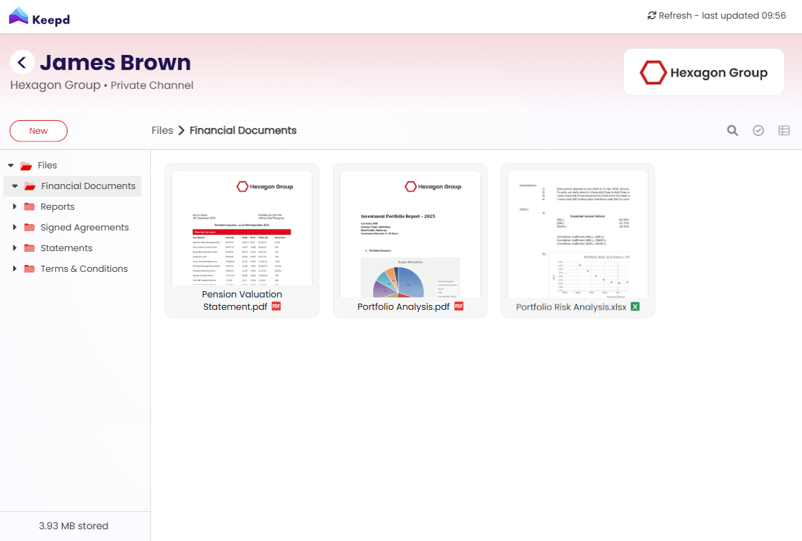Customer account showing organised communications