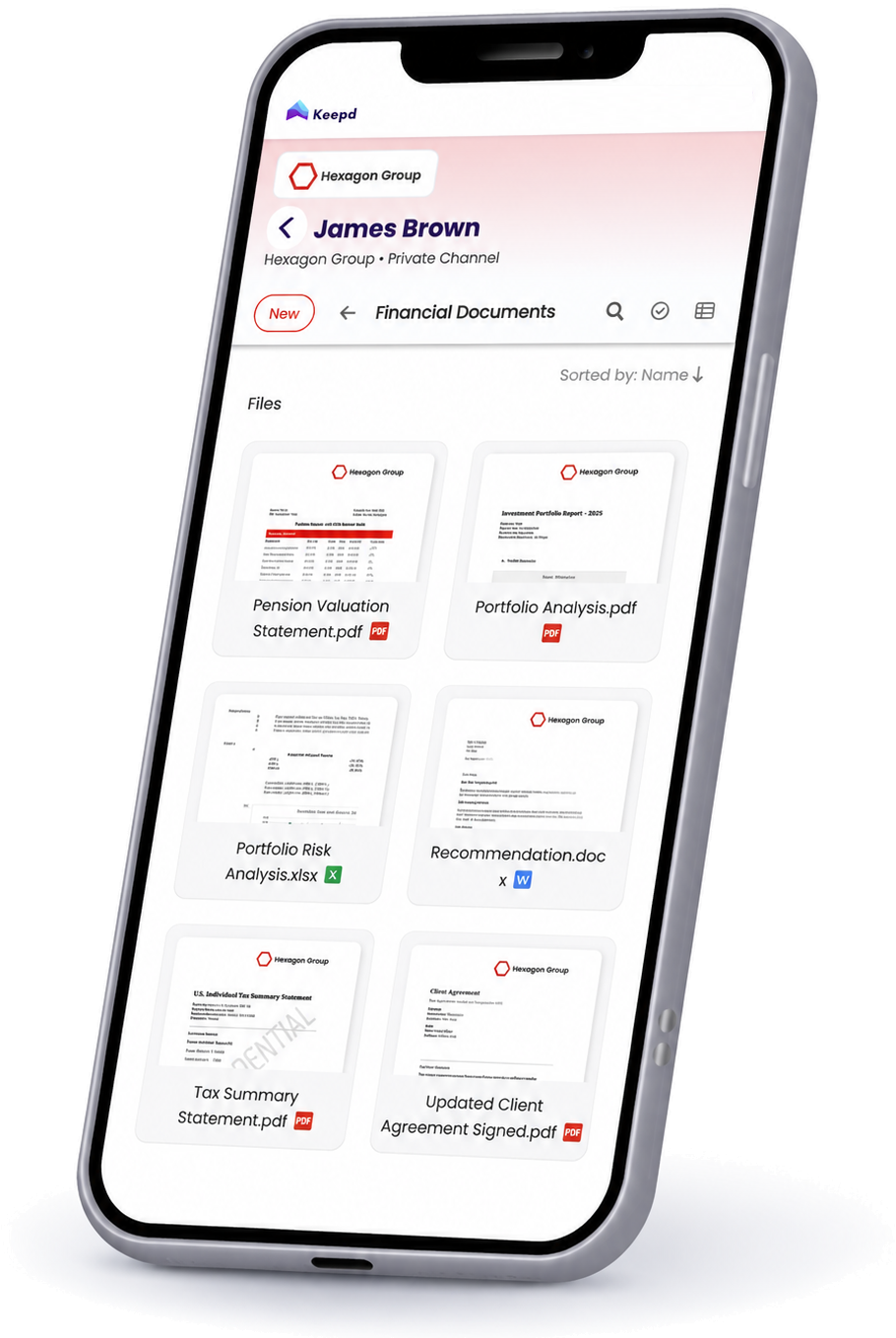 A customer's documents organised in their own account on a mobile phone